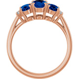 14K Gold Oval Lab-Grown Blue Sapphire & Natural Diamond Three-Stone Ring - Rose Gold - view 2