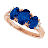 14K Gold Oval Lab-Grown Blue Sapphire & Natural Diamond Three-Stone Ring - Rose Gold - view 5