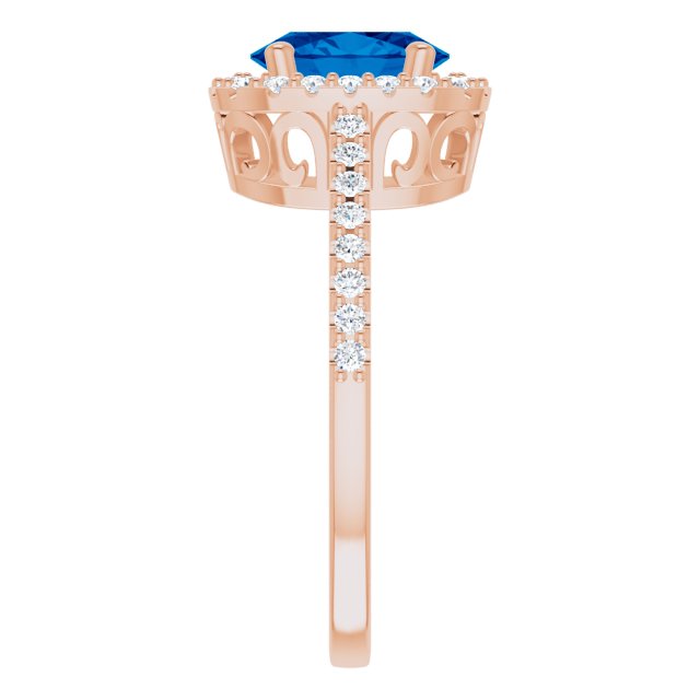 14K Gold Oval Lab-Grown Blue Sapphire & Natural Diamond Halo-Style Ring – 8mm Stones - Rose Gold - view 4