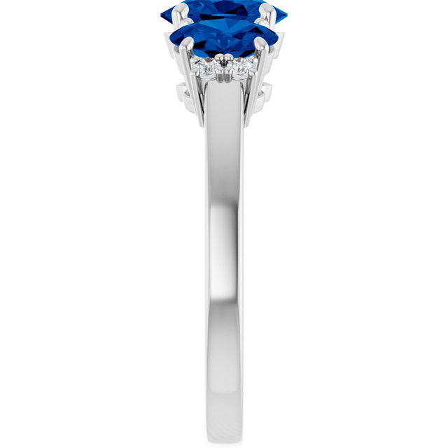 Platinum Oval Lab-Grown Blue Sapphire & Natural Diamond Three-Stone Ring - view 4