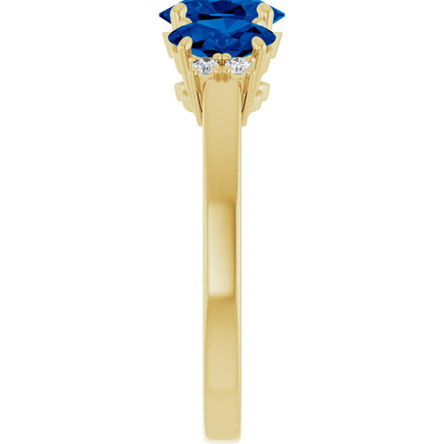 14K Gold Oval Lab-Grown Blue Sapphire & Natural Diamond Three-Stone Ring - Yellow Gold - view 4