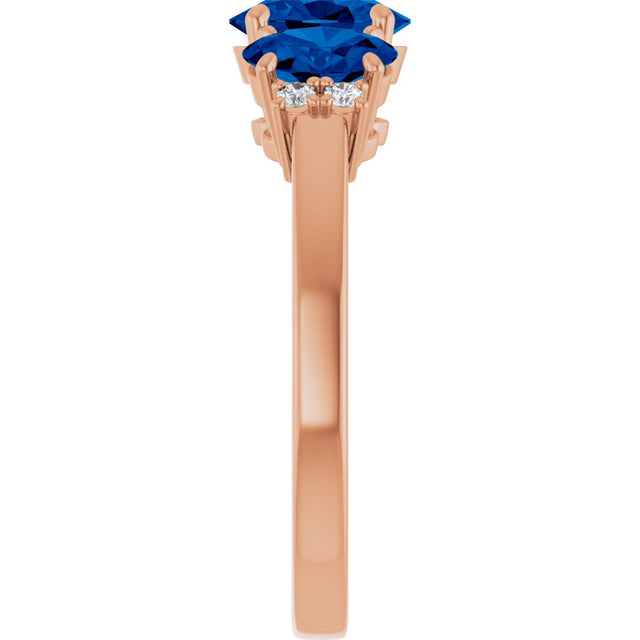 14K Gold Oval Lab-Grown Blue Sapphire & Natural Diamond Three-Stone Ring - Rose Gold - view 4