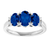 14K Gold Oval Lab-Grown Blue Sapphire & Natural Diamond Three-Stone Ring - White Gold - view 3