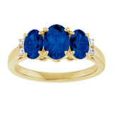 14K Gold Oval Lab-Grown Blue Sapphire & Natural Diamond Three-Stone Ring - Yellow Gold - view 3