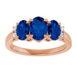 14K Gold Oval Lab-Grown Blue Sapphire & Natural Diamond Three-Stone Ring - Rose Gold - view 3