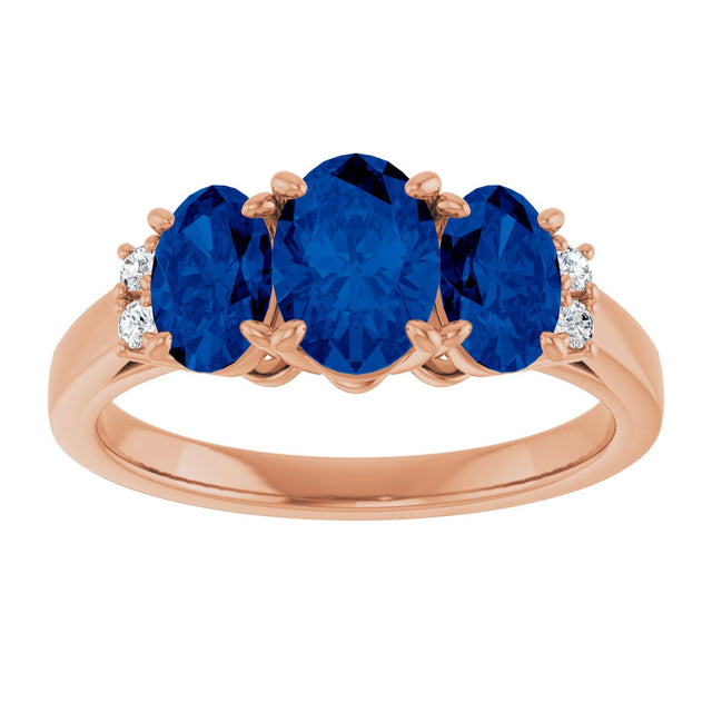 14K Gold Oval Lab-Grown Blue Sapphire & Natural Diamond Three-Stone Ring - Rose Gold - view 3