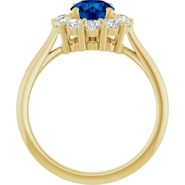 14K Gold Round Lab-Grown Blue Sapphire & Natural Diamond Halo-Style Ring – 6mm Stones - Yellow Gold - view 2