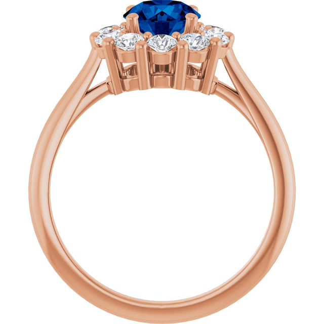 14K Gold Round Lab-Grown Blue Sapphire & Natural Diamond Halo-Style Ring – 6mm Stones - Rose Gold - view 2