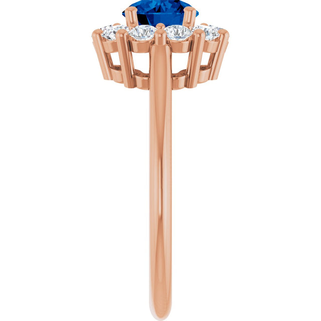 14K Gold Round Natural Blue Sapphire & Natural Diamond Halo-Style Ring – 6mm Stones - Rose Gold - view 4
