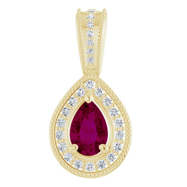 14K Gold Pear Natural Rhodolite Garnet & Natural Diamond Halo-Style Vintage-Inspired Pendant