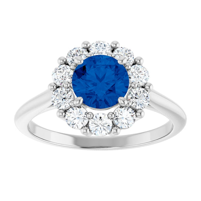 14K Gold Round Lab-Grown Blue Sapphire & Natural Diamond Halo-Style Ring – 6mm Stones - White Gold - view 3