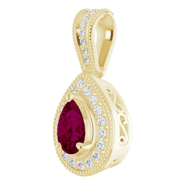 14K Gold Pear Natural Rhodolite Garnet & Natural Diamond Halo-Style Vintage-Inspired Pendant - view 2