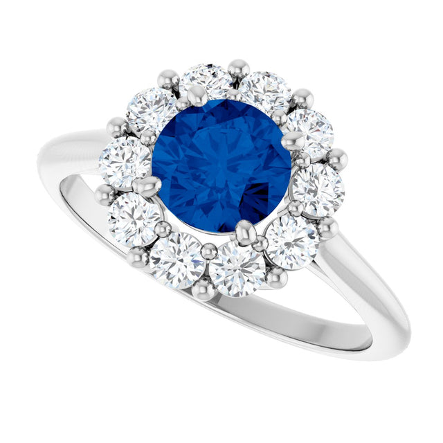 14K Gold Round Lab-Grown Blue Sapphire & Natural Diamond Halo-Style Ring – 6mm Stones - White Gold - view 5
