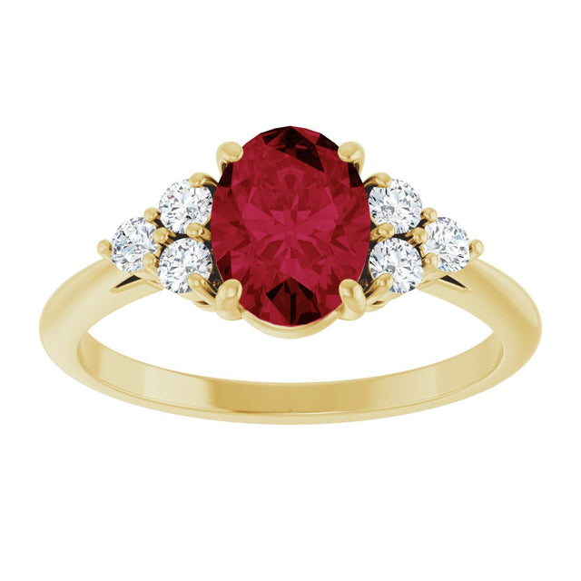 14K Gold Oval Lab-Grown Ruby & Natural Diamond Accented Ring - Yellow Gold - view 3