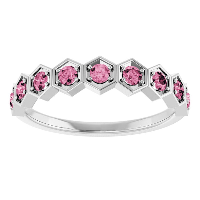 Platinum Round Natural Pink Tourmaline Stackable Geometric Ring - view 13