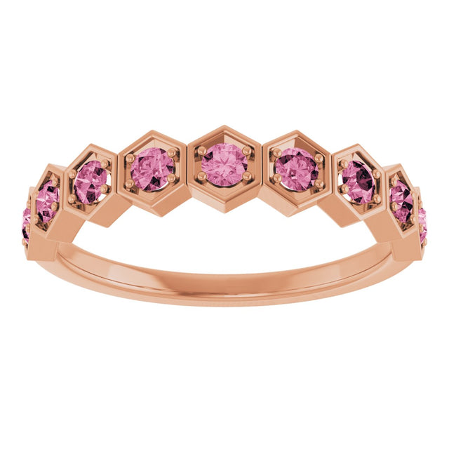 14K Gold Round Natural Pink Tourmaline Stackable Geometric Ring - Rose Gold - view 13