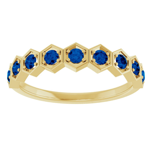 14K Gold Round Lab-Grown Blue Sapphire Stackable Geometric Ring - Yellow Gold - view 13