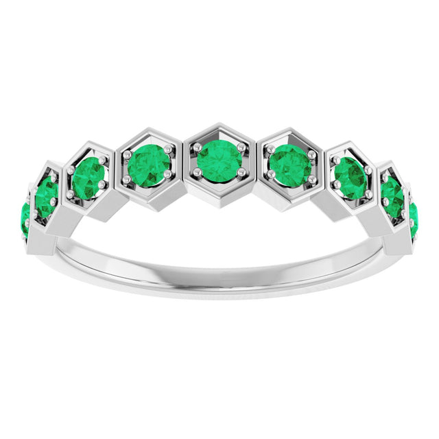 14K Gold Round Natural Emerald Stackable Geometric Ring - White Gold - view 13
