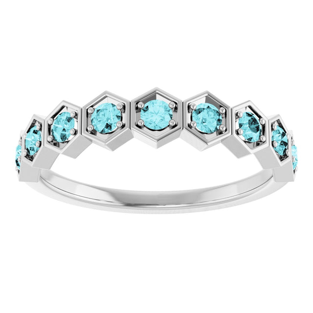 Platinum Round Natural Blue Zircon Stackable Geometric Ring - view 13