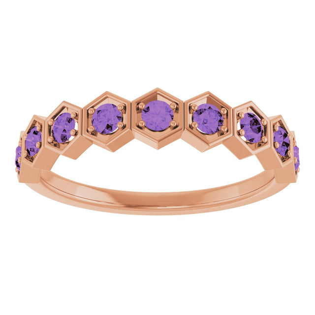 14K Gold Round Natural Amethyst Stackable Geometric Ring - Rose Gold - view 13
