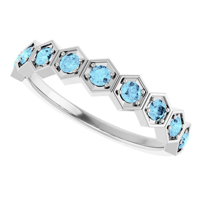 Platinum Round Natural Aquamarine Stackable Geometric Ring - view 15