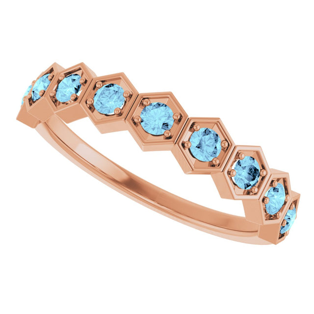 14K Gold Round Natural Aquamarine Stackable Geometric Ring - Rose Gold - view 15