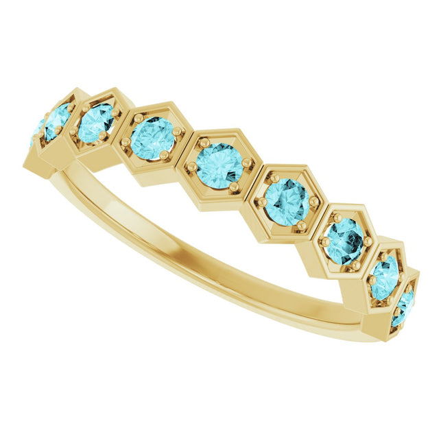 14K Gold Round Natural Blue Zircon Stackable Geometric Ring - Yellow Gold - view 15