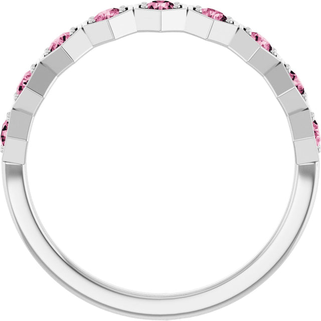 14K Gold Round Natural Pink Tourmaline Stackable Geometric Ring - White Gold - view 12