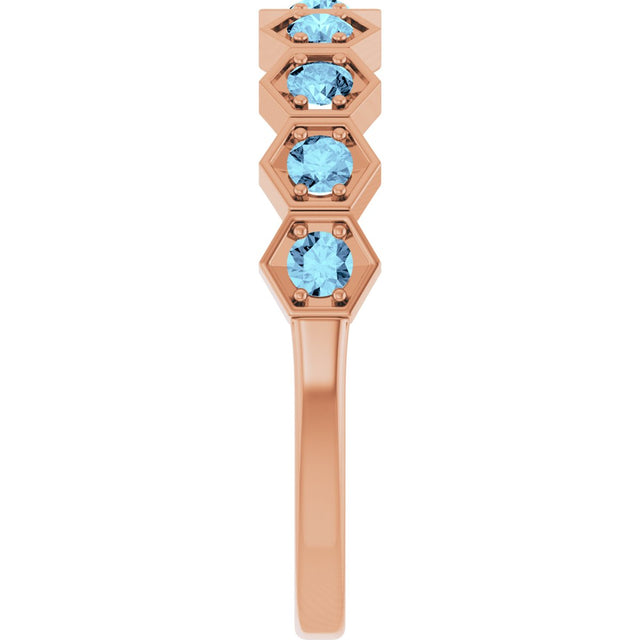 14K Gold Round Natural Aquamarine Stackable Geometric Ring - Rose Gold - view 14