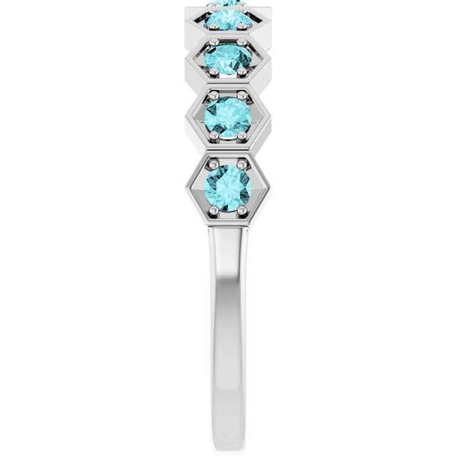 Platinum Round Natural Blue Zircon Stackable Geometric Ring - view 14
