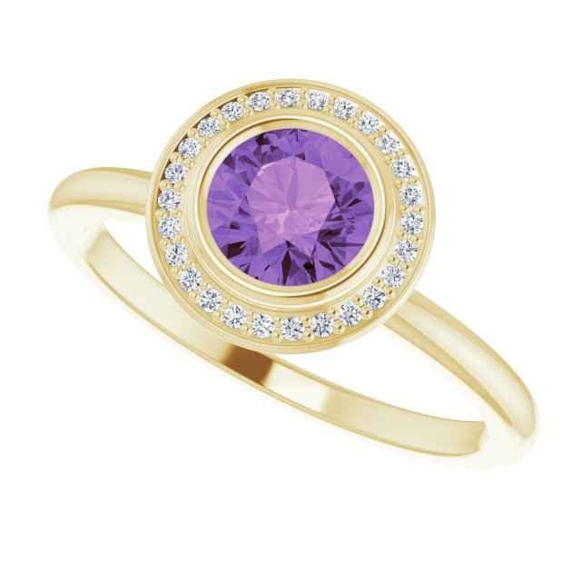 14K Gold Round Natural Amethyst & Natural Diamond Bezel-Set Halo-Style Ring - Yellow Gold - view 5