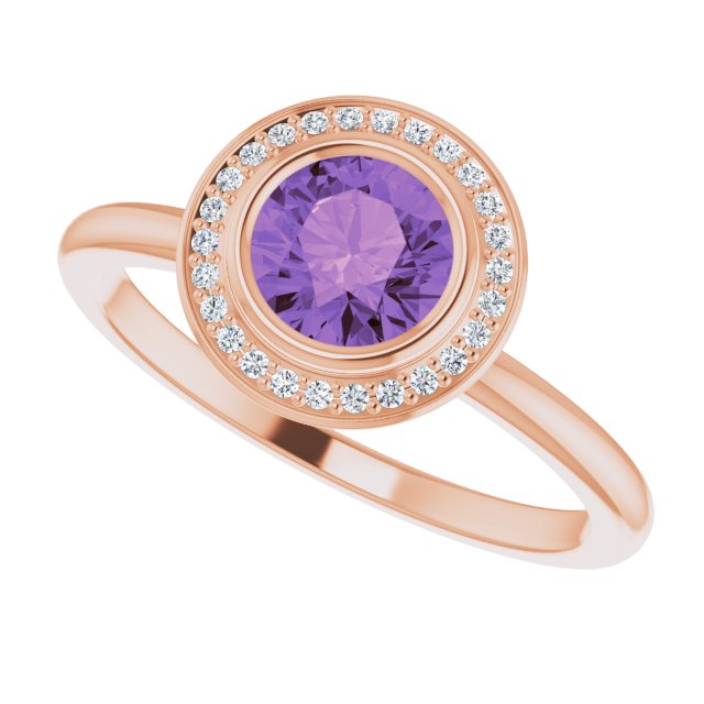 14K Gold Round Natural Amethyst & Natural Diamond Bezel-Set Halo-Style Ring - Rose Gold - view 6