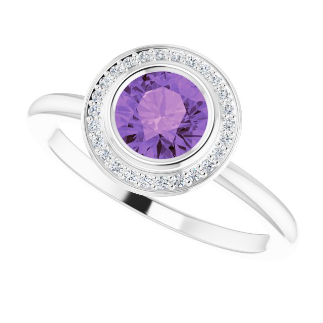 14K Gold Round Natural Amethyst & Natural Diamond Bezel-Set Halo-Style Ring - White Gold - view 5