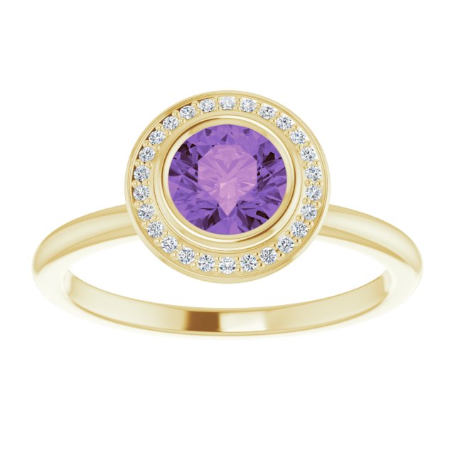 14K Gold Round Natural Amethyst & Natural Diamond Bezel-Set Halo-Style Ring - Yellow Gold - view 3