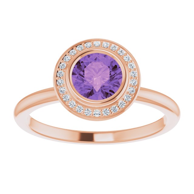 14K Gold Round Natural Amethyst & Natural Diamond Bezel-Set Halo-Style Ring - Rose Gold - view 3