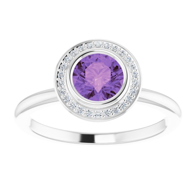 14K Gold Round Natural Amethyst & Natural Diamond Bezel-Set Halo-Style Ring - White Gold - view 3