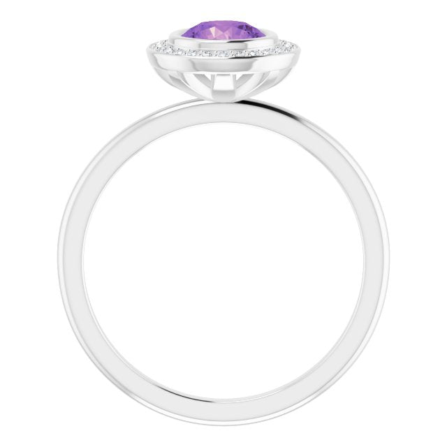 Platinum Round Natural Amethyst & Natural Diamond Bezel-Set Halo-Style Ring - view 2