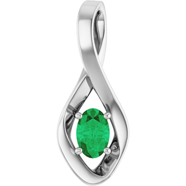 14K Gold Oval Natural Emerald Infinity-Inspired Pendant - White Gold