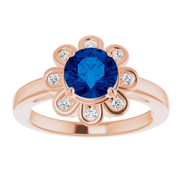 14K Gold Round Lab-Grown Blue Sapphire & Natural Diamond Halo-Style Ring – 6.5mm Stones - Rose Gold - view 3