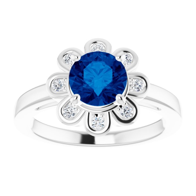 14K Gold Round Lab-Grown Blue Sapphire & Natural Diamond Halo-Style Ring – 6.5mm Stones - White Gold - view 3
