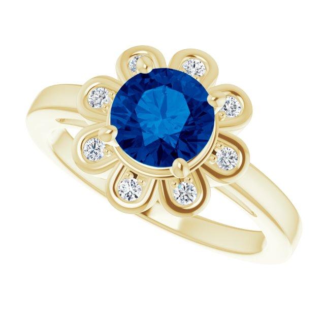 14K Gold Round Lab-Grown Blue Sapphire & Natural Diamond Halo-Style Ring – 6.5mm Stones - Yellow Gold - view 5