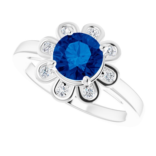 14K Gold Round Lab-Grown Blue Sapphire & Natural Diamond Halo-Style Ring – 6.5mm Stones - White Gold - view 5