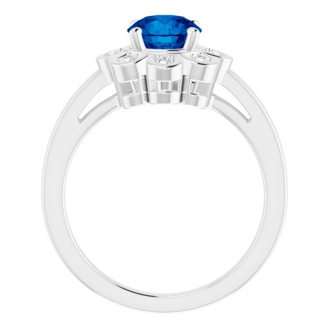 14K Gold Round Lab-Grown Blue Sapphire & Natural Diamond Halo-Style Ring – 6.5mm Stones - White Gold - view 2