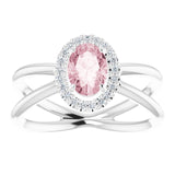 14K Gold Oval Natural Pink Morganite & Natural Diamond Halo-Style Ring II - White Gold - view 3