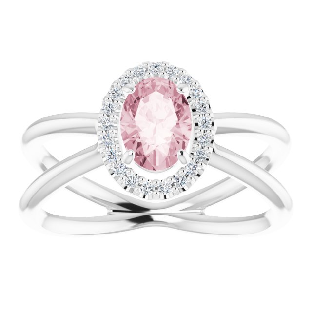 Platinum Oval Natural Pink Morganite & Natural Diamond Halo-Style Ring – 7x5mm - view 3