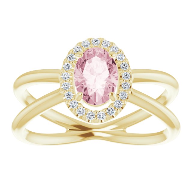 14K Gold Oval Natural Pink Morganite & Natural Diamond Halo-Style Ring II - Yellow Gold - view 3