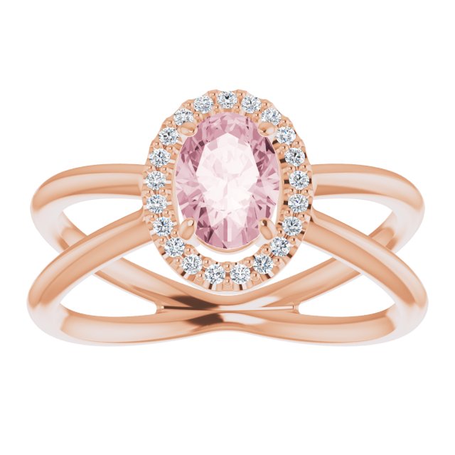 14K Gold Oval Natural Pink Morganite & Natural Diamond Halo-Style Ring II - Rose Gold - view 3