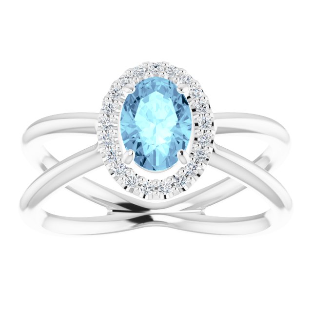 14K Gold Oval Natural Aquamarine & Natural Diamond Halo-Style Ring – 8x6mm - White Gold - view 3