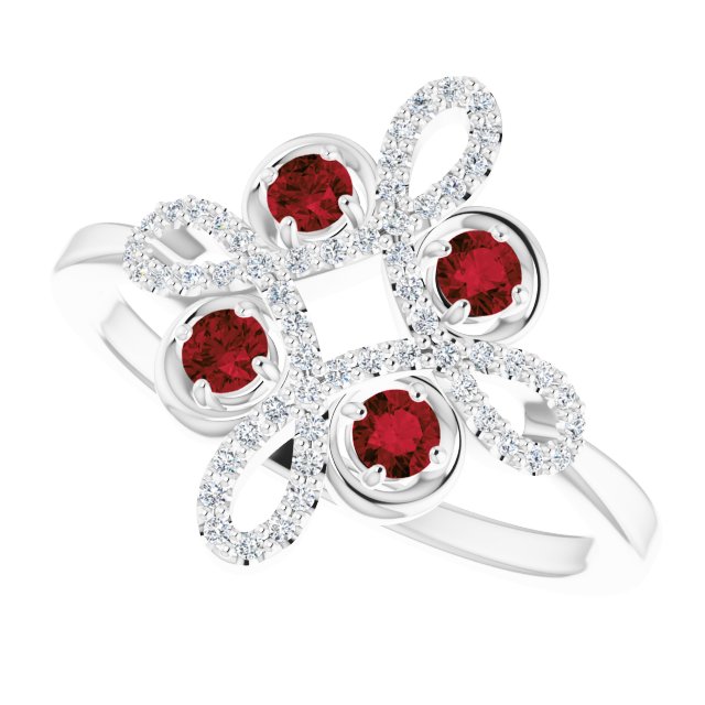 14K Gold Round Natural Mozambique Garnet Clover Ring – 2.5mm Stones - White Gold - view 10