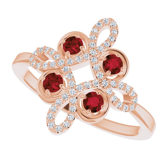 14K Gold Round Natural Mozambique Garnet Clover Ring – 2.5mm Stones - Rose Gold - view 10